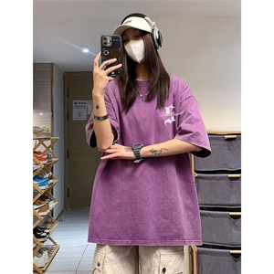 中性风水洗短袖男女学院风几何图案印花T恤复古做旧美式ins潮图片