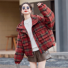连帽羽绒服女冬季新款2025格子法式气质显瘦设计感时尚减龄外套潮，女装毛呢外套，水衣源