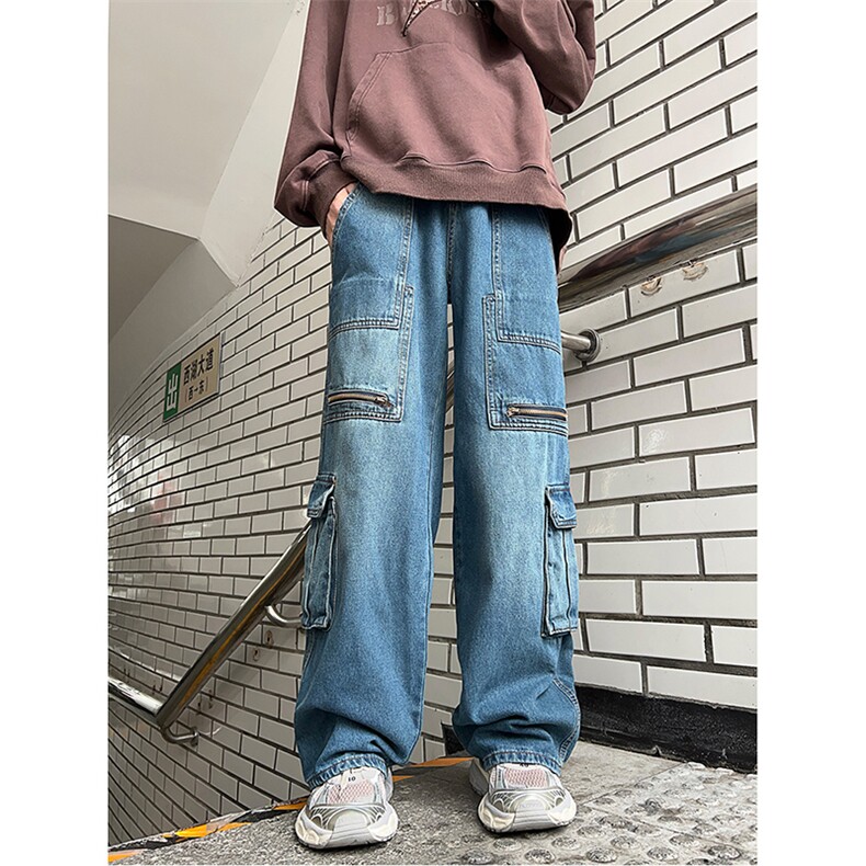 美式复古水洗做旧工装牛仔裤潮牌多口袋直筒休闲裤男 K7507-P58图片