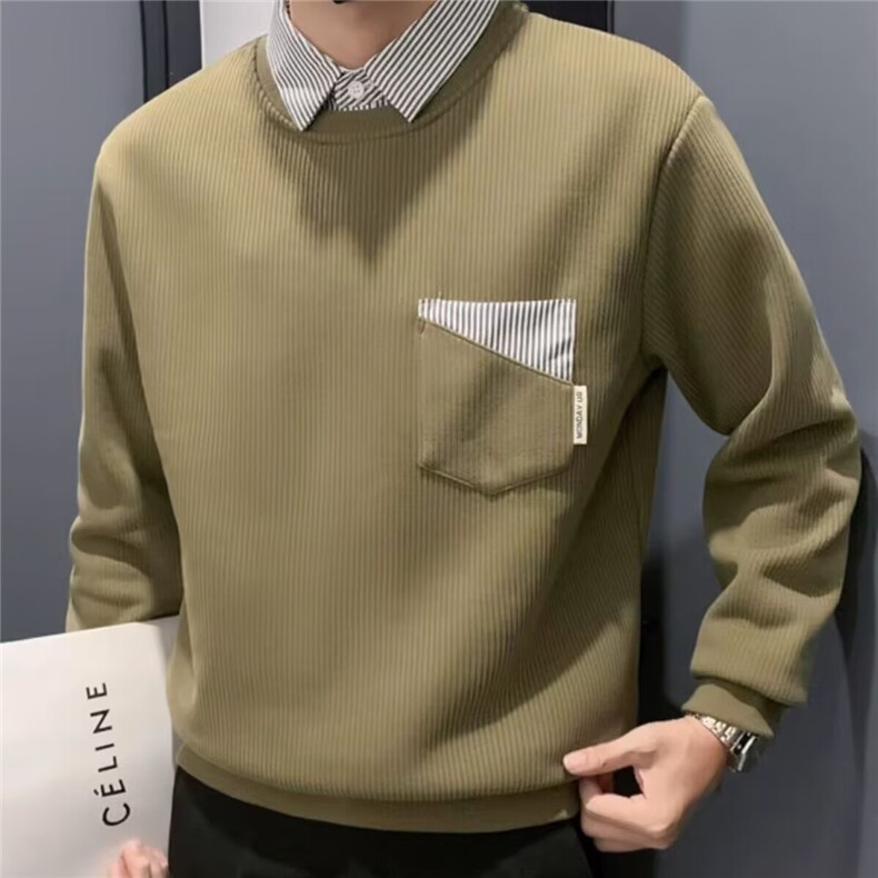 2025新款春秋款假两件卫衣男宽松潮牌衬衫领内搭打底衫男潮,男装T恤,星座506A