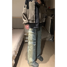 B221美式ins高街重工艺宽松做旧工装牛仔裤子LK23143-P80控108，男装牛仔裤，电商B221