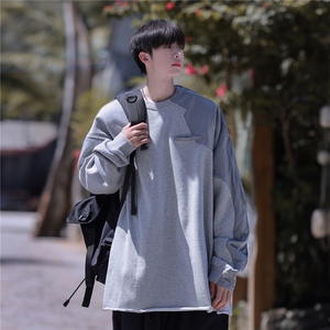港风外景秋装美式高街宽松拼接圆领卫衣外套男潮牌D319-P45