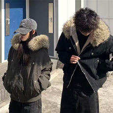 潮牌情侣派克服短款羽绒棉服仿兔毛大毛领连帽棉衣冬外套美式复古，男装棉衣，星座506A