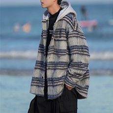 2025秋冬新款毛呢料格子宽松连帽大码夹克外套A017JK8051P90，男装夹克，电商A017