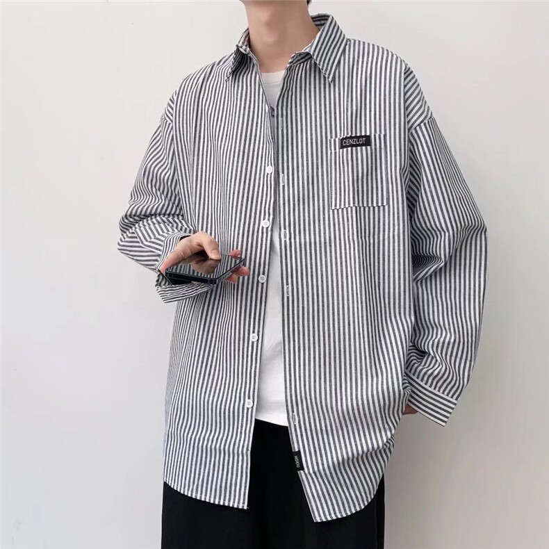 条纹衬衫男春秋内搭潮ins设计感小众休闲衬衣痞帅外套CY073-P33,男装衬衫,星座412