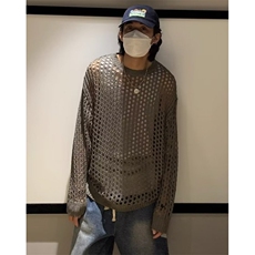 760-P35春秋季镂空针织衫男ins港味宽松情侣圆领毛衣韩版潮流，男装T恤，电商B323A