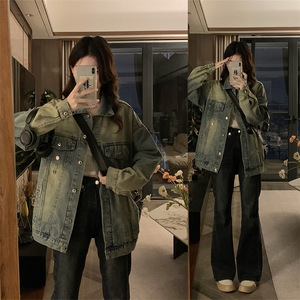 宽松百搭中长款牛仔外套女美式复古做旧C744-88图片