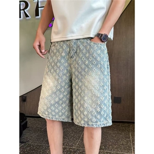 美式复古满印提花牛仔短裤男款夏季潮牌裤子痞帅五分裤XA077图片
