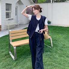 休闲马甲女夏季新款小香风减龄阔腿裤T恤三件套，女装套装/套裙，秀美人生