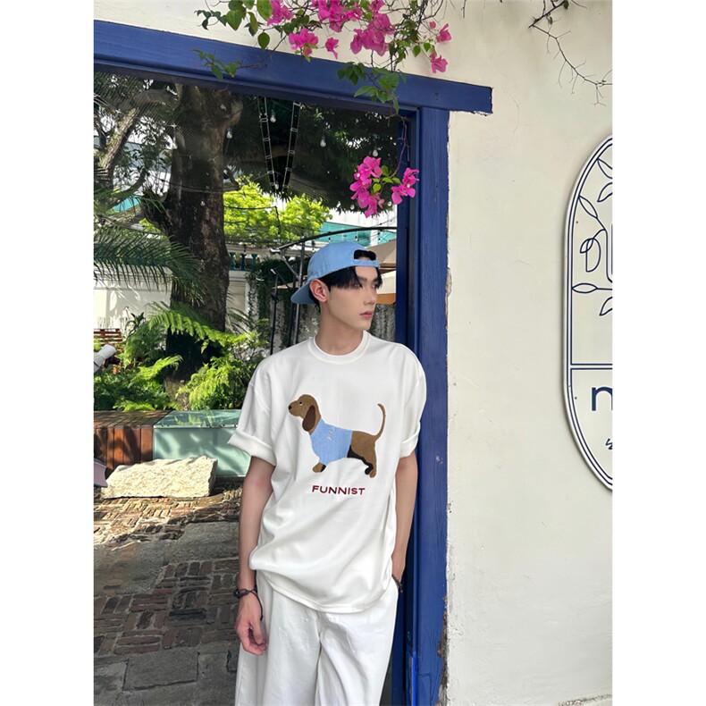 网图有货夏季空气层亲肤感腊肠狗毛巾绣短袖宽松T恤男女A504-P35,男装T恤,星座1505
