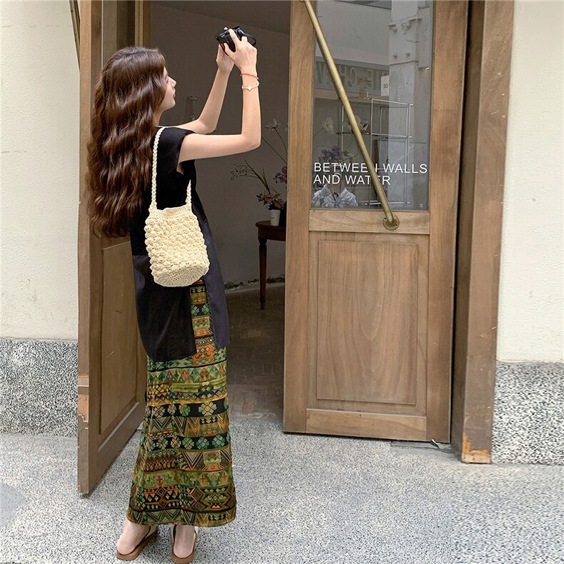 黑色设计感薄纱拼接T恤套装裙女2025夏法式复古印花半身裙两件套,女装套装/套裙,2B237