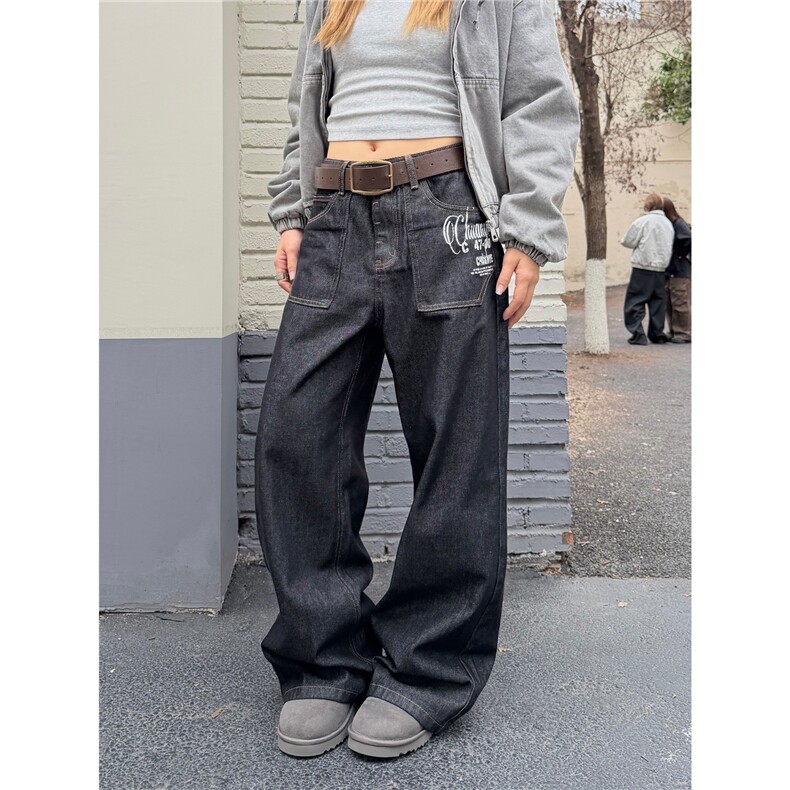 原创印花丹宁黑色加绒牛仔裤男女2026新款直筒休闲宽松长裤NN017，男装牛仔裤，星座516A