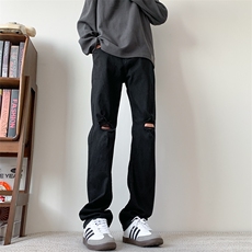 现货纯黑色破洞弹力加大码直筒牛仔裤310A-2BK302P50控78，男装牛仔裤，星座310A-2