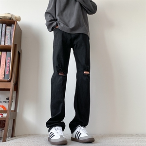 现货纯黑色破洞弹力加大码直筒牛仔裤 310A-2 BK302 P50 控78图片