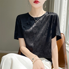 2025夏季新款圆领提花缎面T恤女士宽松显瘦气质国风中式背心短袖，女装T恤，圣丽羊绒