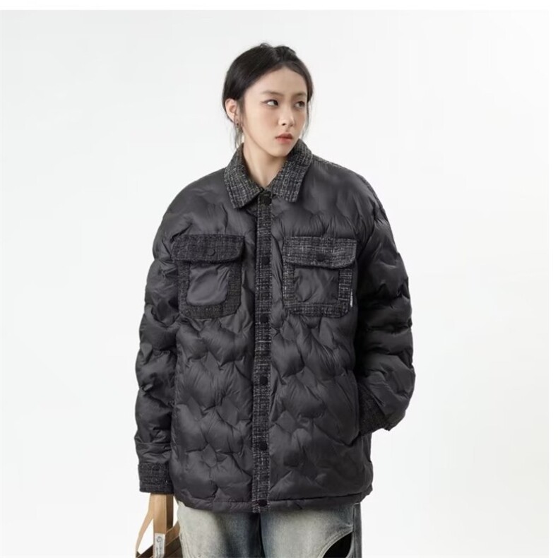 2023高级感拼接复古小香风设计感小众黑色棉服J855P105,男装棉衣,星座1116-2