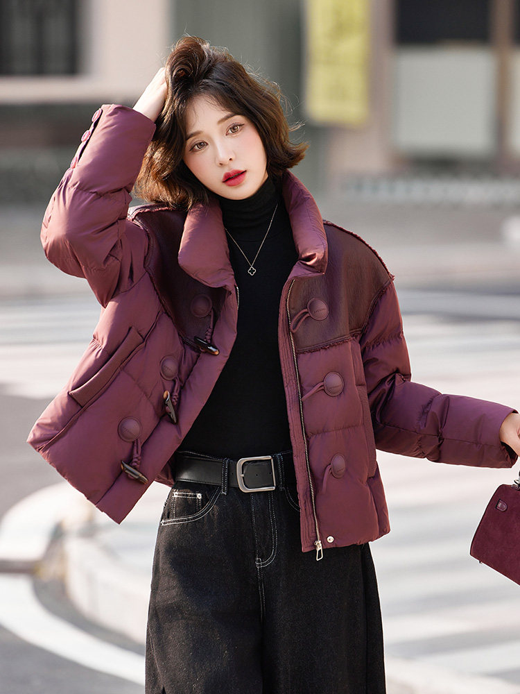 小个子羽绒服女2024冬季新款独特超好看设计感短款红色拼皮厚外套,女装羽绒服,靓衣阁