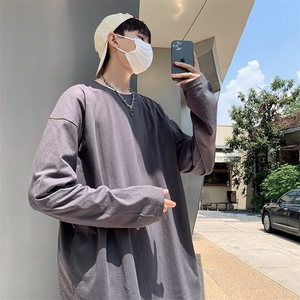 长袖T恤男纯色圆领青少年港风打底衫纯棉长袖大码GT01P25图片