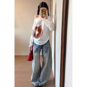 美式复古直筒牛仔裤春季绣花垂感休闲阔腿拖地裤子NZ6643图片