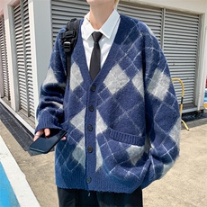 学院风V领纽扣宽松外套韩系复古菱格纹针织毛衣开衫男女M1001-P55，男装针织衫/毛衣，星座512-2