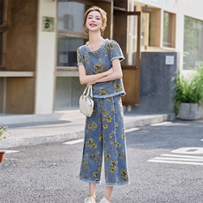 小个子印花牛仔套装女2025夏季新款高腰坠感直筒裤九分裤两件套潮，女装套装/套裙，魅影