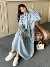 春现盐系浅蓝色条纹休闲风连衣裙B190-5010-P135-K198，女装连衣裙，2B190