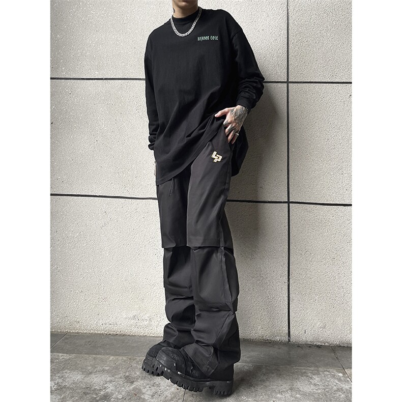 B221美式ins街头hiphop刺绣宽松褶皱休闲裤子LK23123-P60控78,男装休闲裤,电商B221