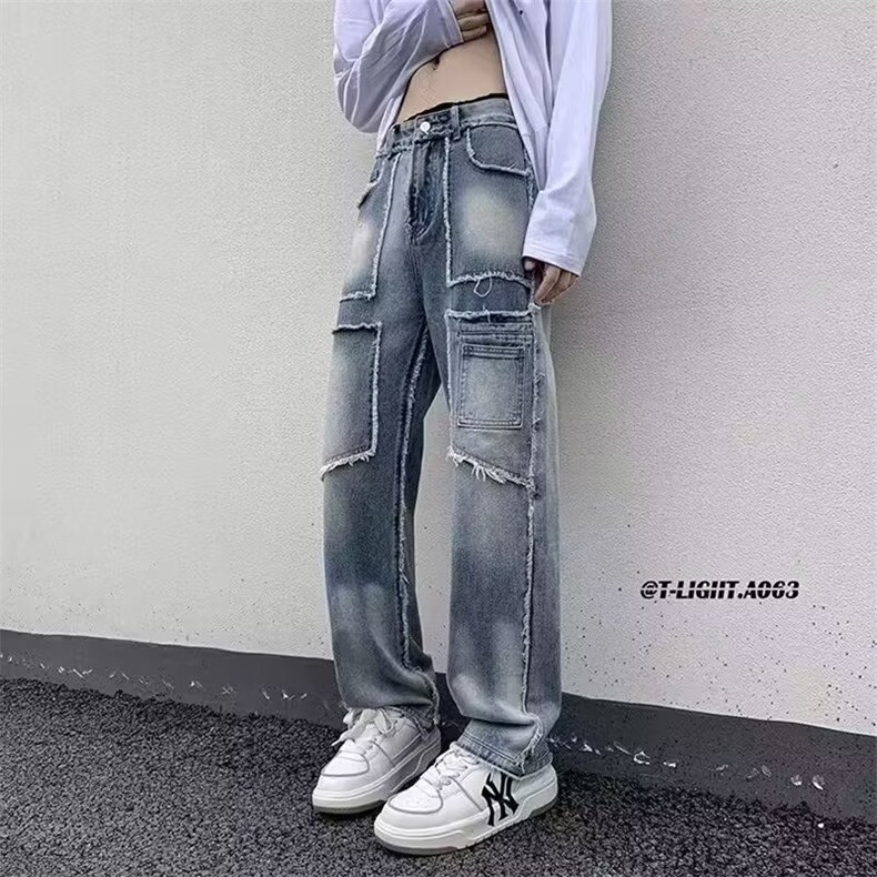 春秋高街美式复古水洗做旧毛边牛仔裤男女宽松直筒垂感阔腿牛仔裤,男装牛仔裤,星座218-1（原230）