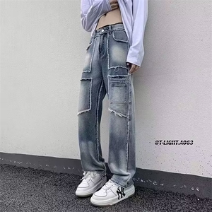 春秋高街美式复古水洗做旧毛边牛仔裤男女宽松直筒垂感阔腿牛仔裤图片