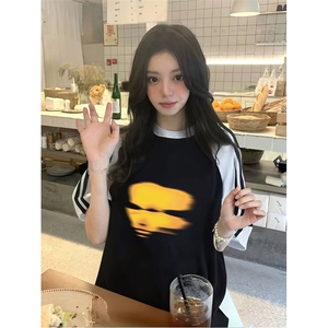 抖音得物品质二开240克宽松纯棉美式潮牌插肩三杠织带短袖T恤图片