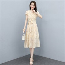 2023夏季新款简约气质优雅时尚腰部系带收腰显瘦雪纺连衣裙，女装连衣裙，牡丹诺