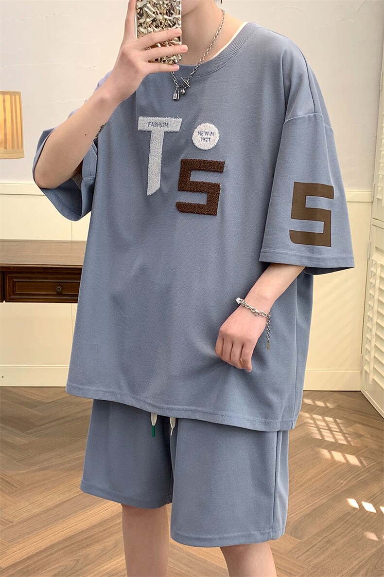 夏上新青少年毛巾绣时尚半袖套装运动短裤T恤男女6635-P60控价88,男装T恤,电商A441-1