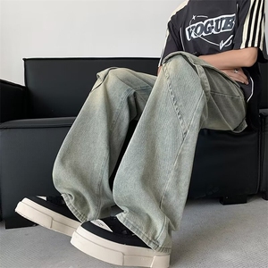黄泥色拼接牛仔裤男设计感直筒水洗做旧小众高街裤子潮G02/P54