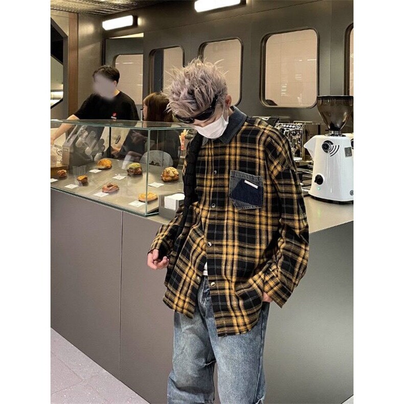 美式长袖格子衬衫早春穿搭潮牌情侣拼接牛仔领格子外套CS35-P42,男装衬衫,星座1001-1