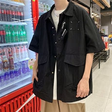 日系复古多口袋工装短袖衬衫男潮牌宽松情侣休闲衬衣CY350-P43，男装T恤，星座412