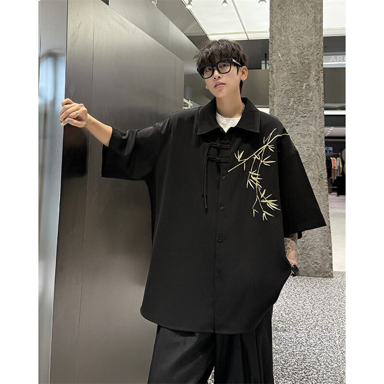 新中式短袖衬衫大码8XL-M风竹子刺绣冰丝唐装盘扣衬衣DC5007P48,男装衬衫,电商B238