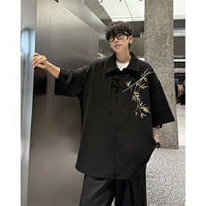 新中式短袖衬衫大码8XL-M风竹子刺绣冰丝唐装盘扣衬衣DC5007P48，男装衬衫，电商B238