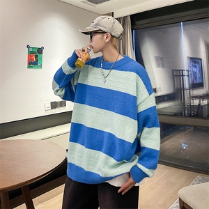 撞色毛衣男秋冬季设计感慵懒风针织外套保暖套头圆领线衣图片