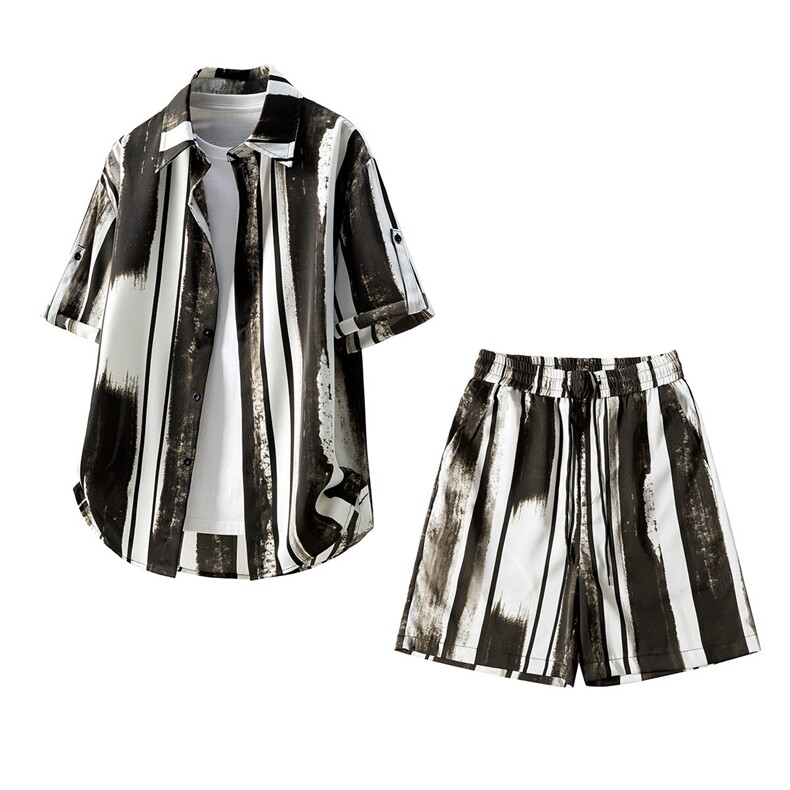 1短袖衬衫男+短裤男套装男聚酯纤维M-5XL大码TZ78718P50控98，男装休闲套装，星座227-7