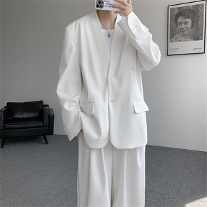 潮流休闲圆领西装外套高级痞帅宽松韩版西服外套 可整套搭配P85图片
