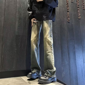 美式高街潮流百搭直筒微喇春秋季牛仔裤男女款街头长裤N7029-P45图片