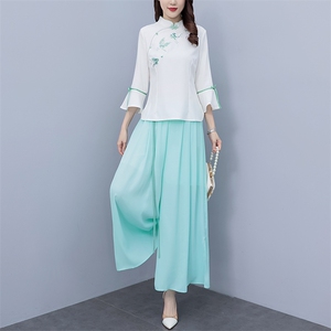 芷墨新款时尚复古俩件套套装中式盘扣上衣裤子套装改良日常汉服女图片