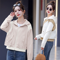 撞色拼接连帽冲锋衣外套女2026春秋新款休闲宽松百搭短款夹克上衣，女装短外套，星宇服饰