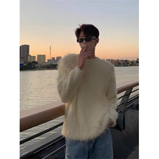 高级氛围感仿水貂毛毛衣男冬季加厚软糯慵懒风宽松圆领针织衫外套，男装针织衫/毛衣，星座601-1