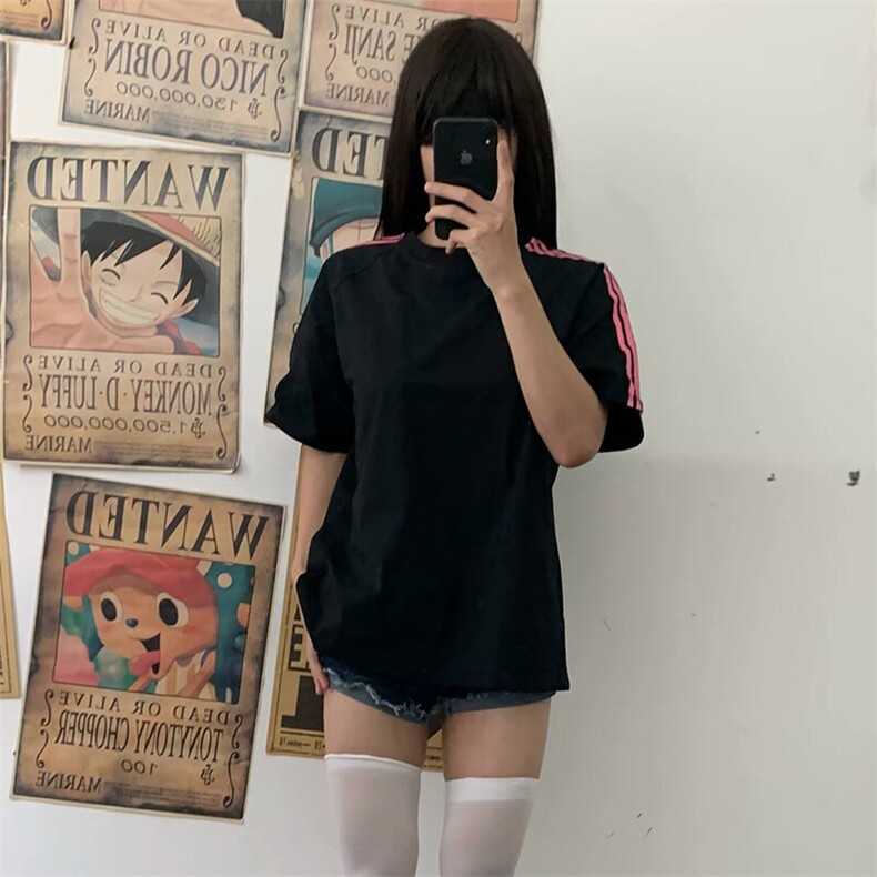 抖音得物品质二开240克宽松纯棉美式潮牌印花三条杠中性风短袖T恤,男装T恤,电商A486