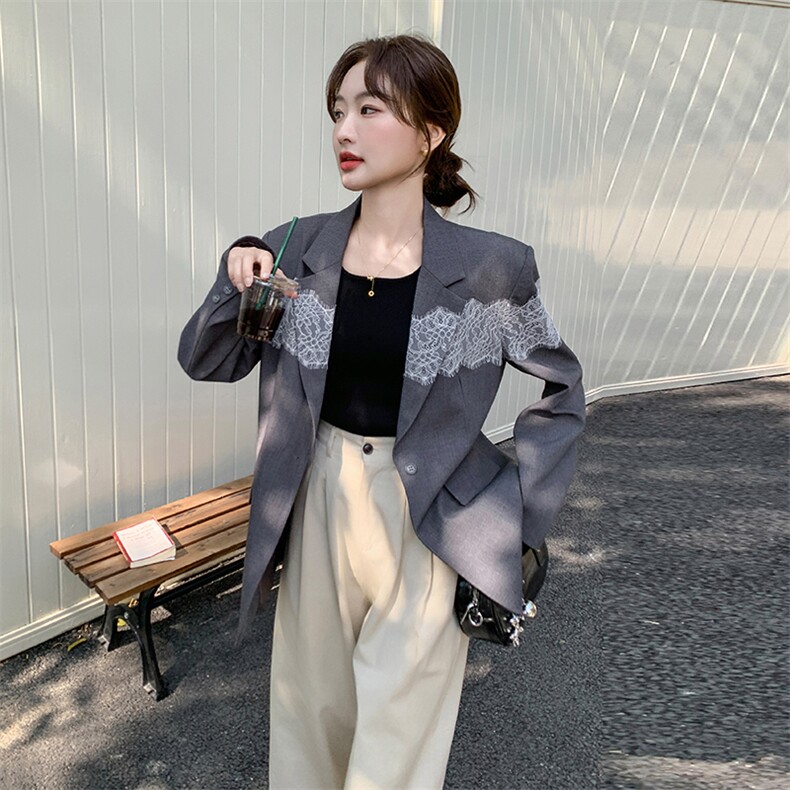 灰色休闲西装套装裙女小个子蕾丝拼接2025春季新款韩系减龄百褶裙,女装西装,秋水欣儿