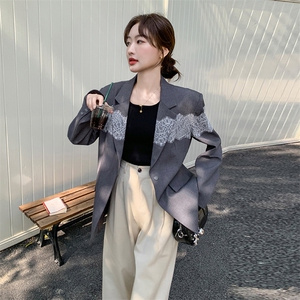 灰色休闲西装套装裙女小个子蕾丝拼接2025春季新款韩系减龄百褶裙图片