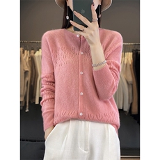 秋冬圆领100%羊毛衫镂空长袖开衫女宽松纯色百搭羊绒针织外套上衣，女装羊毛衫，吉高羊绒