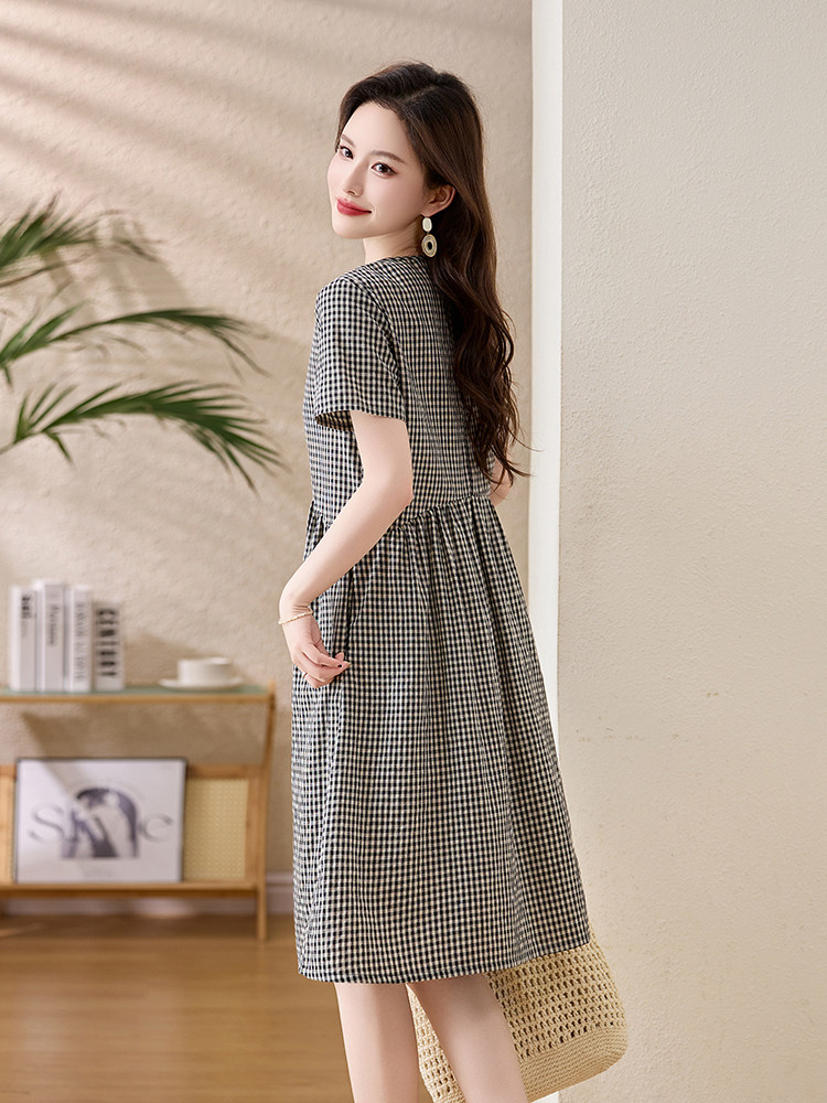 黑白格子短袖棉麻连衣裙女2025夏季新款休闲文艺气质宽松显瘦裙子,女装连衣裙,姿衣坊
