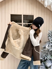 【现货】冬季新款PU皮复合羊羔毛加厚机车风外套2563款P210-K288，女装羊羔毛/颗粒绒，浙宝301